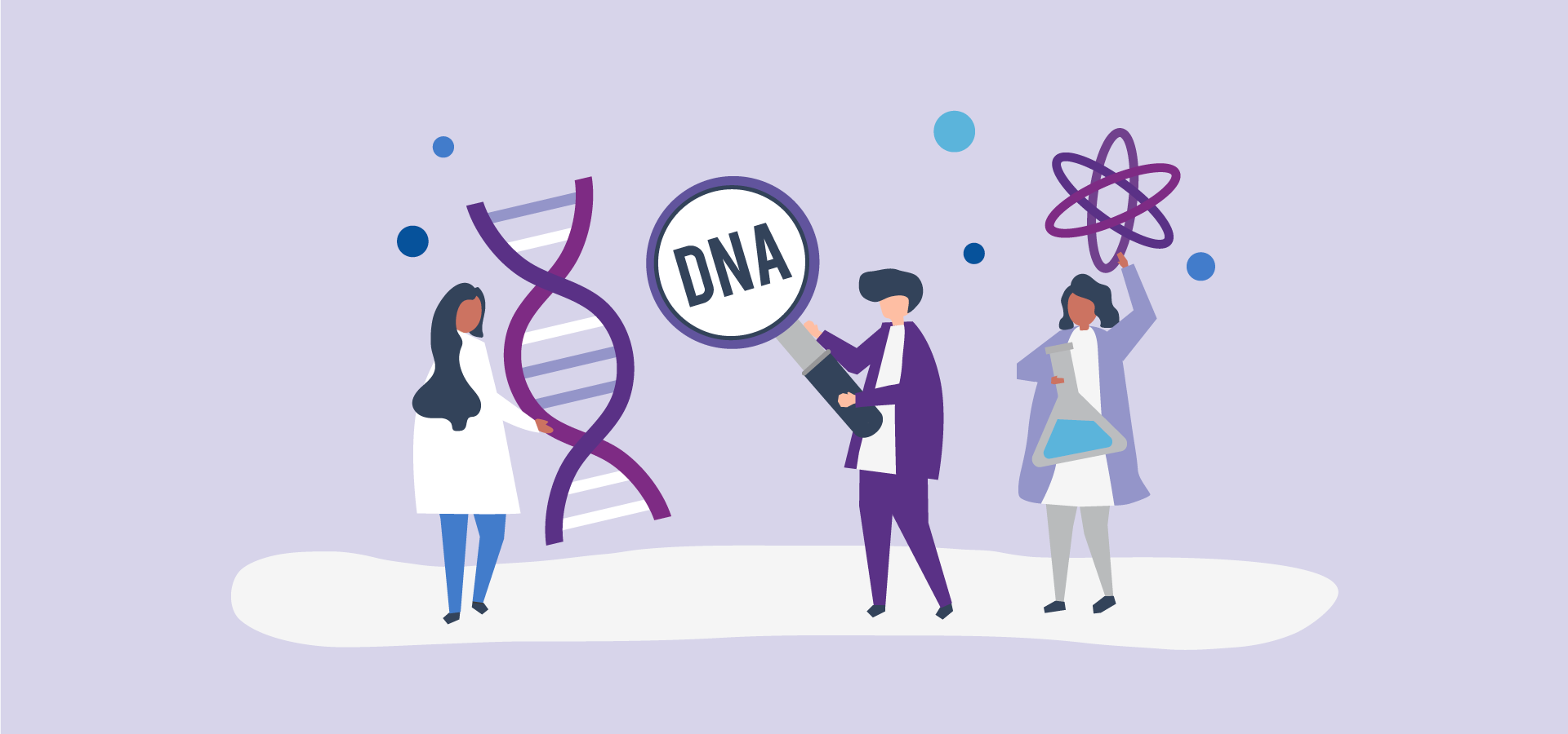 Imagen dibujada de tres científicos con sus herramientas de laboratorio relacionados al ADN.