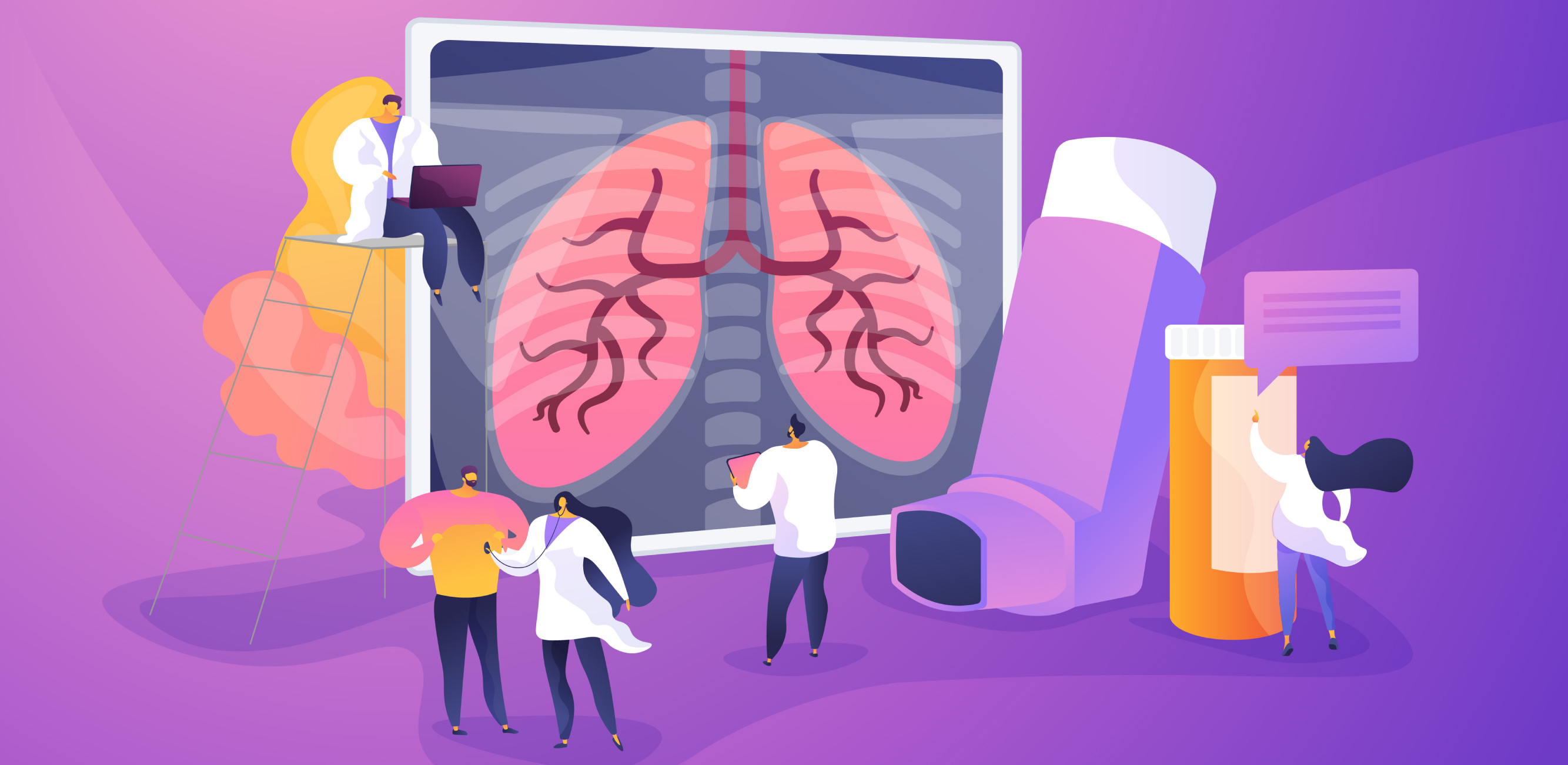 Imagen gráfica mostrando pulmones en un monitor, junto con envase de medicamentos y pompa de asma.